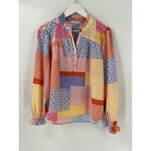 Fate Blouse Womens Medium Colorblock Multicolor V Neck 3/4 Sleeves Sheer Casual